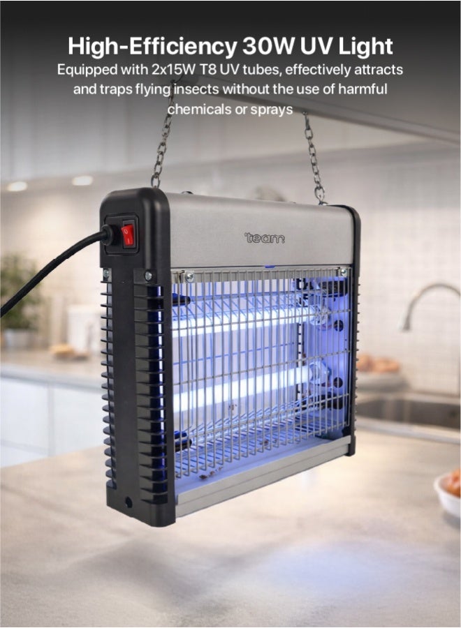 تيم TEAM TM‑30N Electric Insect Killer 30W – UV Mosquito & Fly Killer Lamp, Chemical‑Free Bug Zapper with 2x15W UV Tubes, Wide 100m² Coverage for Home,  Office, Shop & Warehouse - Image 4